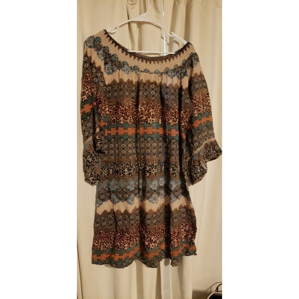 Millenium Womens Large Boho Peasant Dress Animal Print Bell Sleeve Off Shoulder